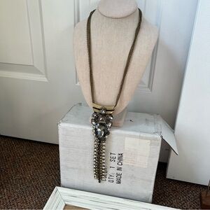 Gold tone gray crystal rhinestone statement pendant necklace large bold layered